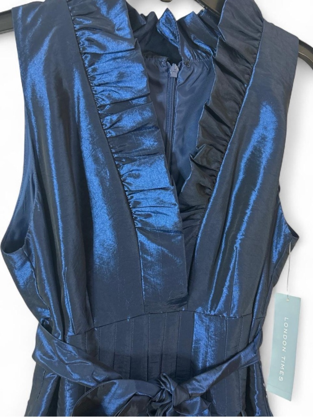 London Times Shimmery Navy Blue Ruffled V-Neck Sleeveless Fit-and-Flare Dress - Picture 2 of 6